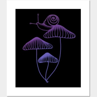 Purple And Blue Snail Sitting on Mushrooms Posters and Art